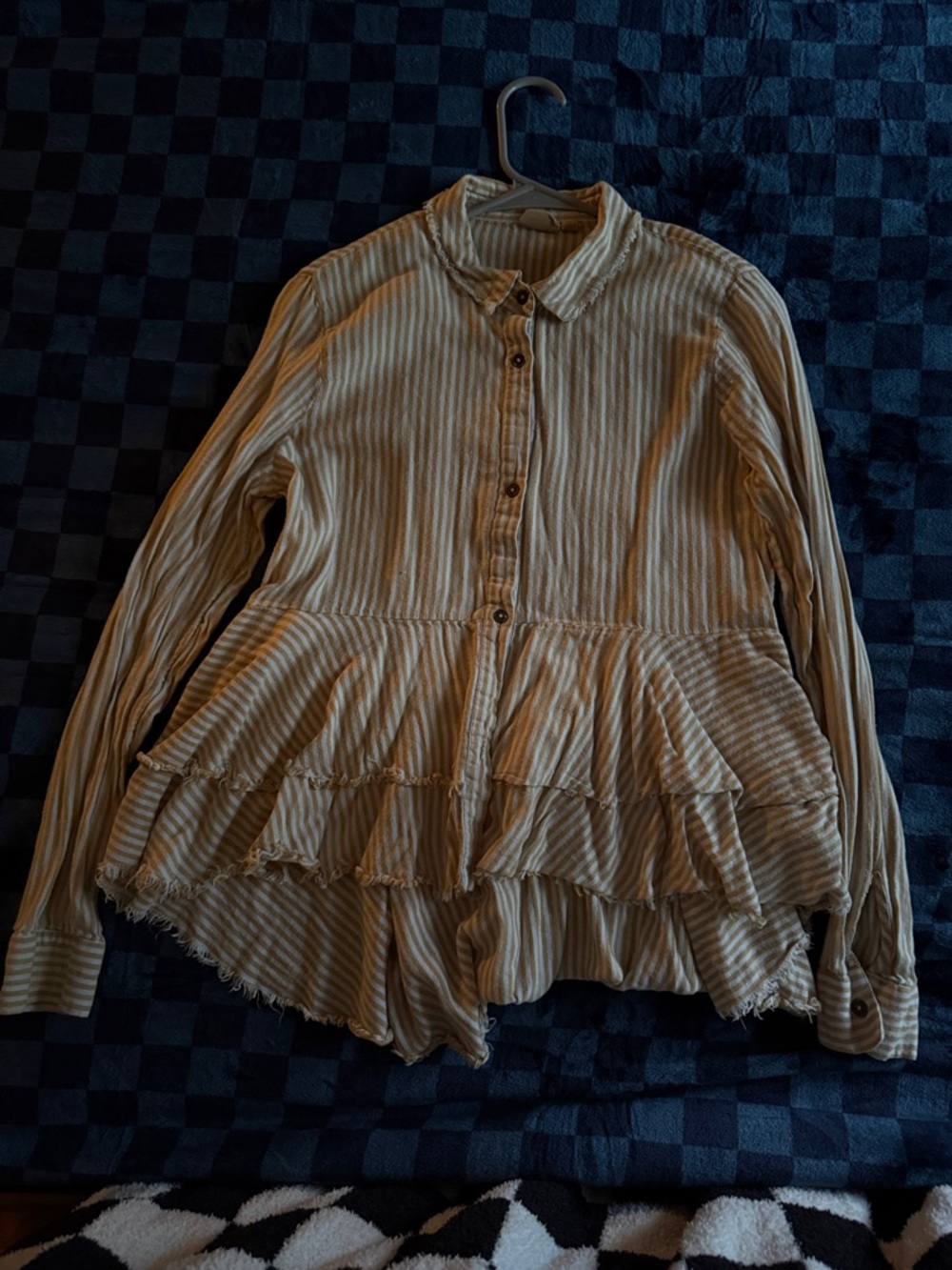 Striped Tiered Ruffle Button-Up Shirt - Beige/Yellow & White